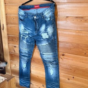 Victorious Men's Blue Skinny Distressed Moto Jeans